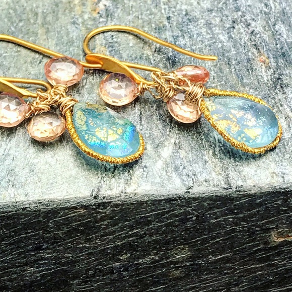 SOLD Fluorite blush CZ  aqua dangle  earrings - Picture 3 of 4
